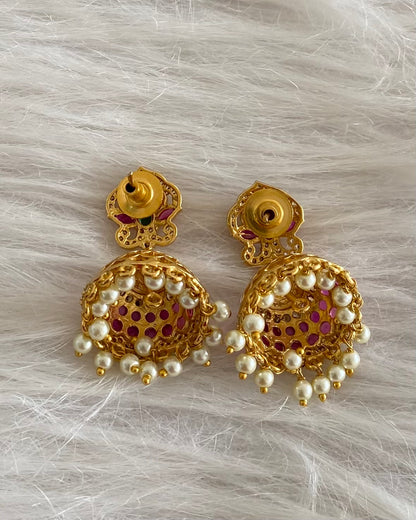 Antique gold tone kemp-green-white stone pearl jhumkka dj-55092