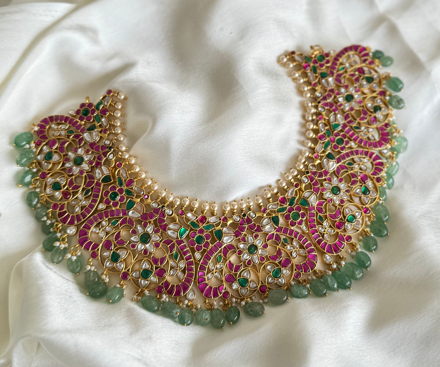 Gold tone pink-green-white kundan jadau peacock bold bridal necklace dj-51551