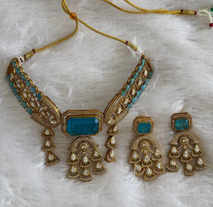 Antique gold tone cz kundan blue choker necklace set dj-51078