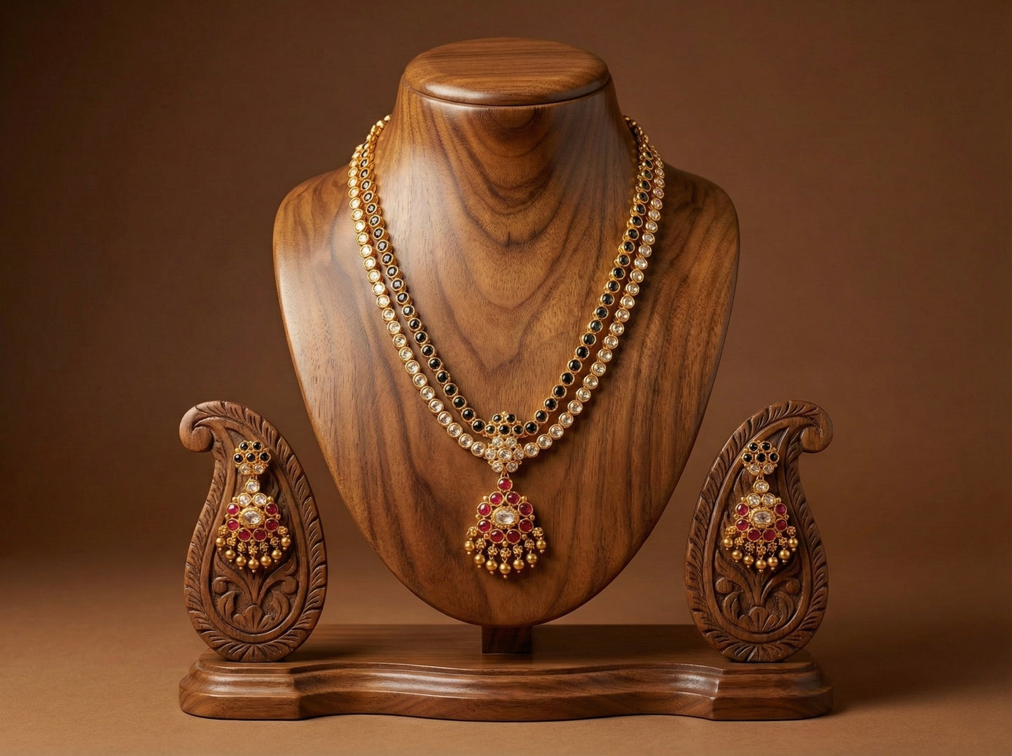 Matte finish black-white-pink double layer attigai/necklace set dj-52723