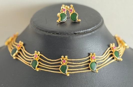 Gold tone kerala style pink-green mango choker necklace set dj-51724
