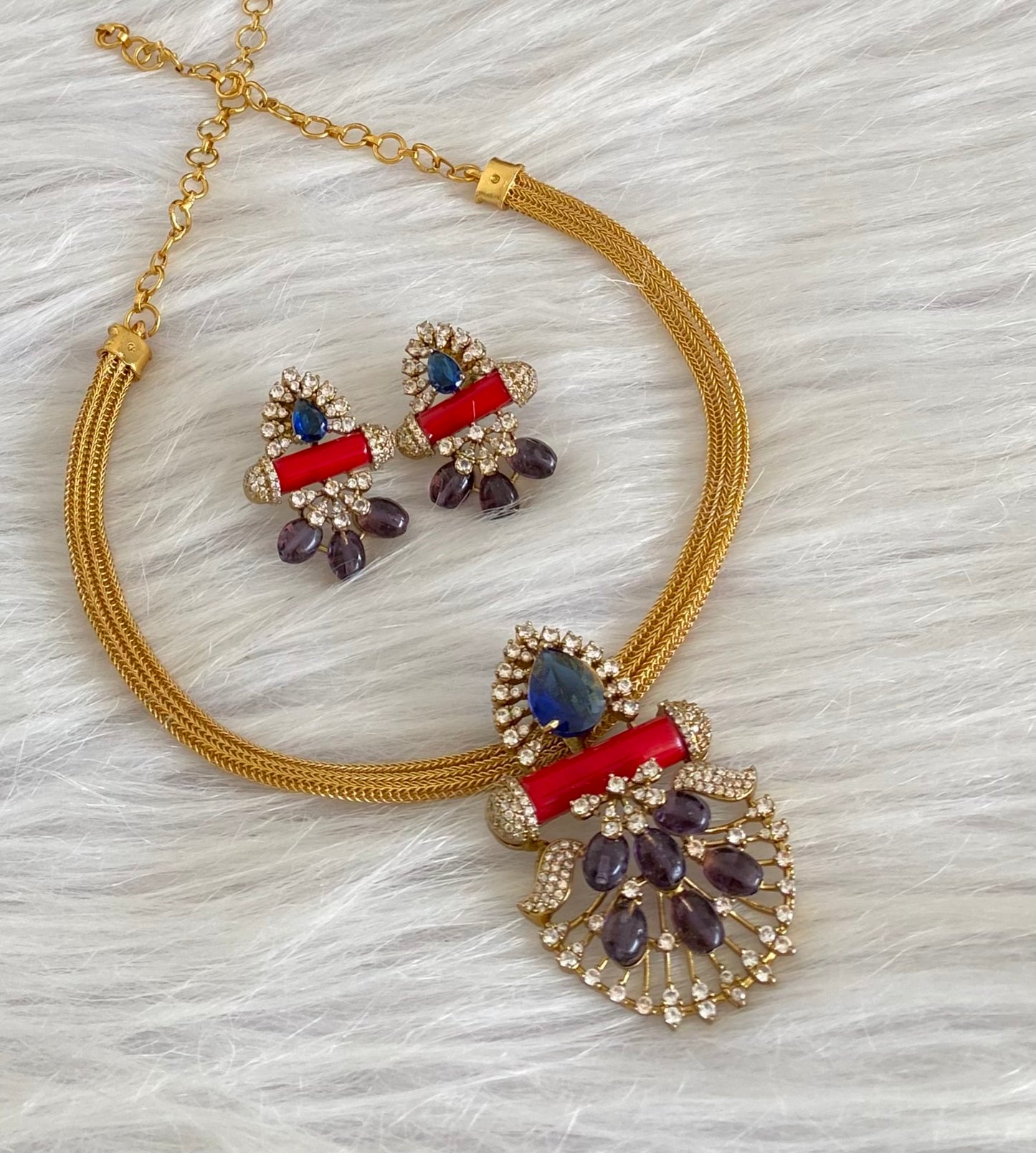 Antique gold tone coral purple beaded necklace set dj-54263