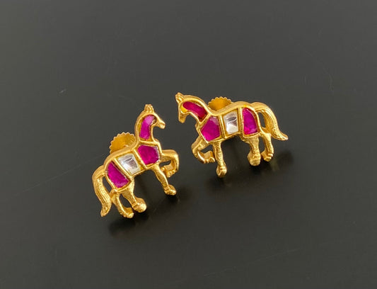 Gold tone pink-white kundan jadau horse earrings dj-53540