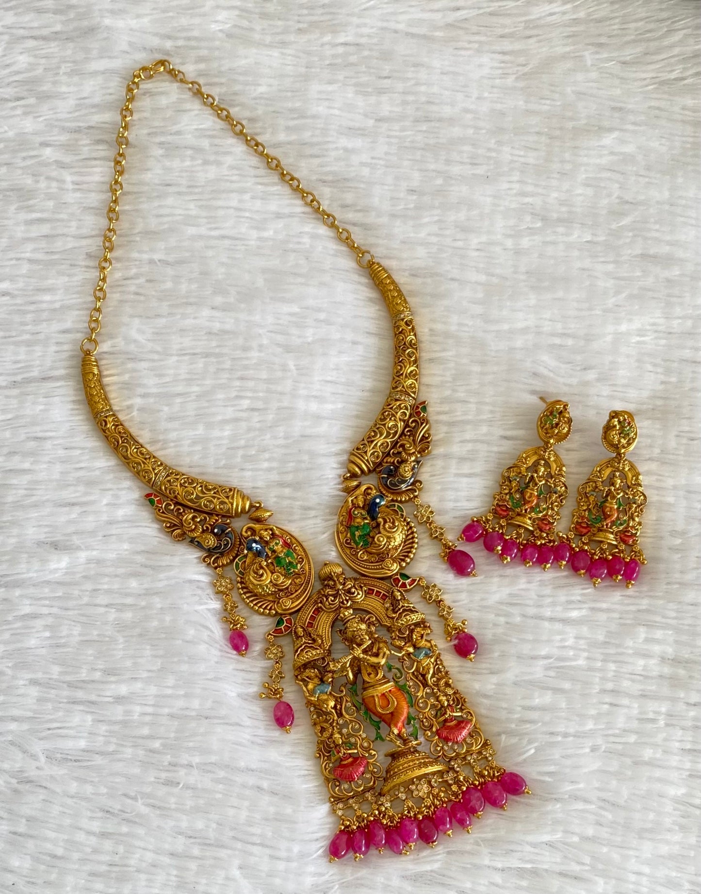 Matte finish pink beaded meenakari krishna kante necklace set dj-54097