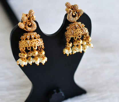 Antique gold tone white peacock jhumkka dj-51932