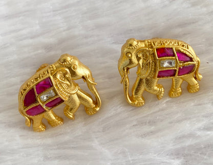 Gold tone pink-white kundan jadau elephant earrings dj-53534