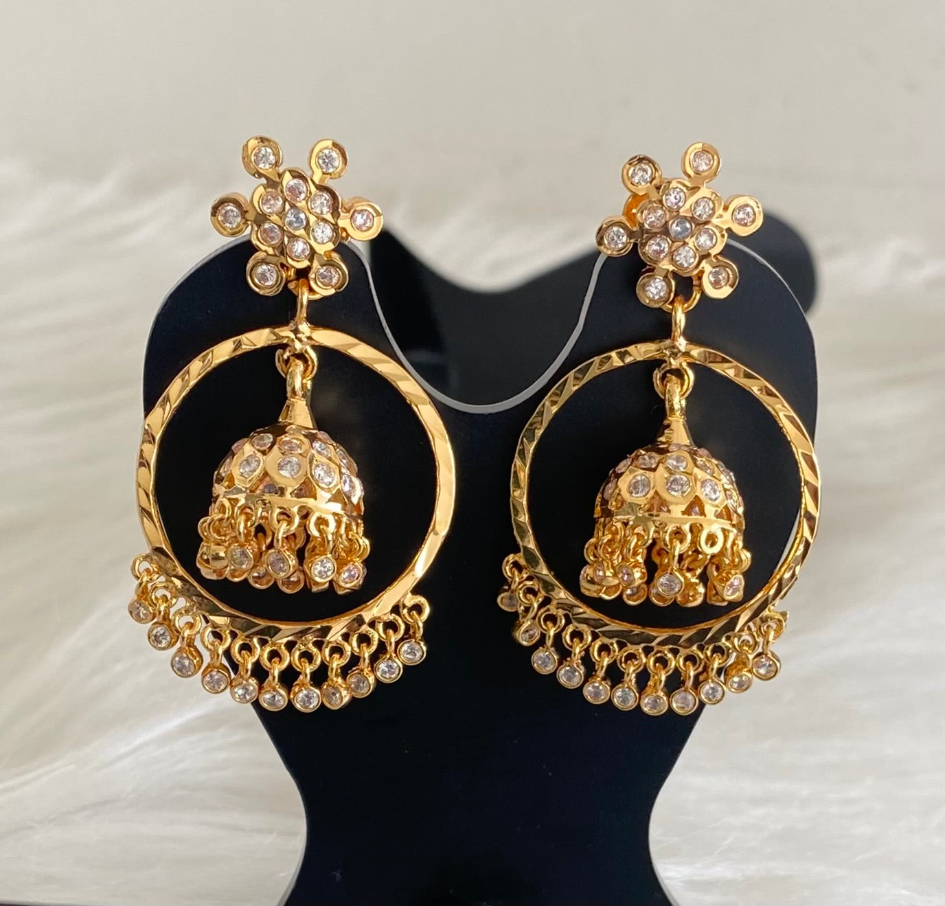 Gold tone south indian style AD white stone bali jhumkka dj-53867