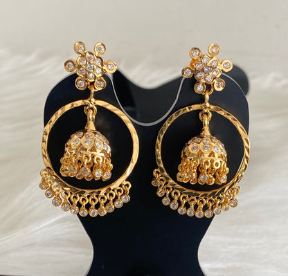 Gold tone south indian style AD white stone bali jhumkka dj-53867