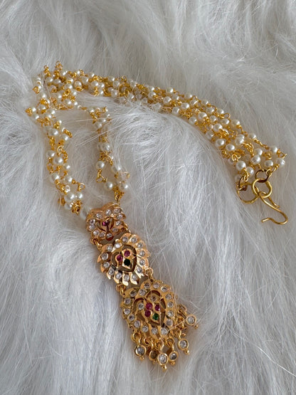 Gold tone AD pink-green heart step pendant with pearl chain dj-51117