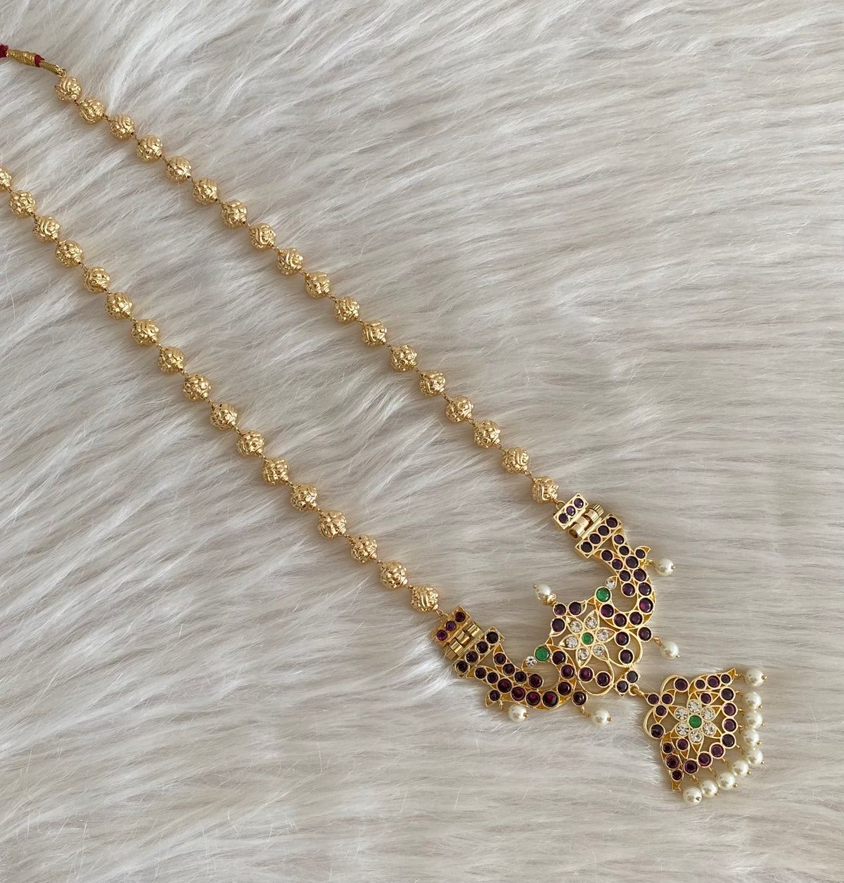 Gold tone precious kemp-green-white peacock flower nakshi beaded haar dj-54730