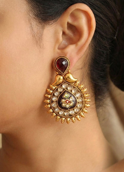 Antique gold tone Meenakari Maroon Earrings -dj17074