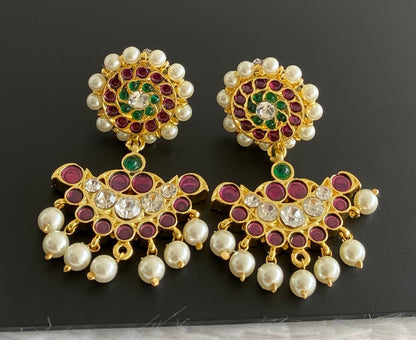 Gold tone precious kemp-green-white stone pearl earrings dj-53220