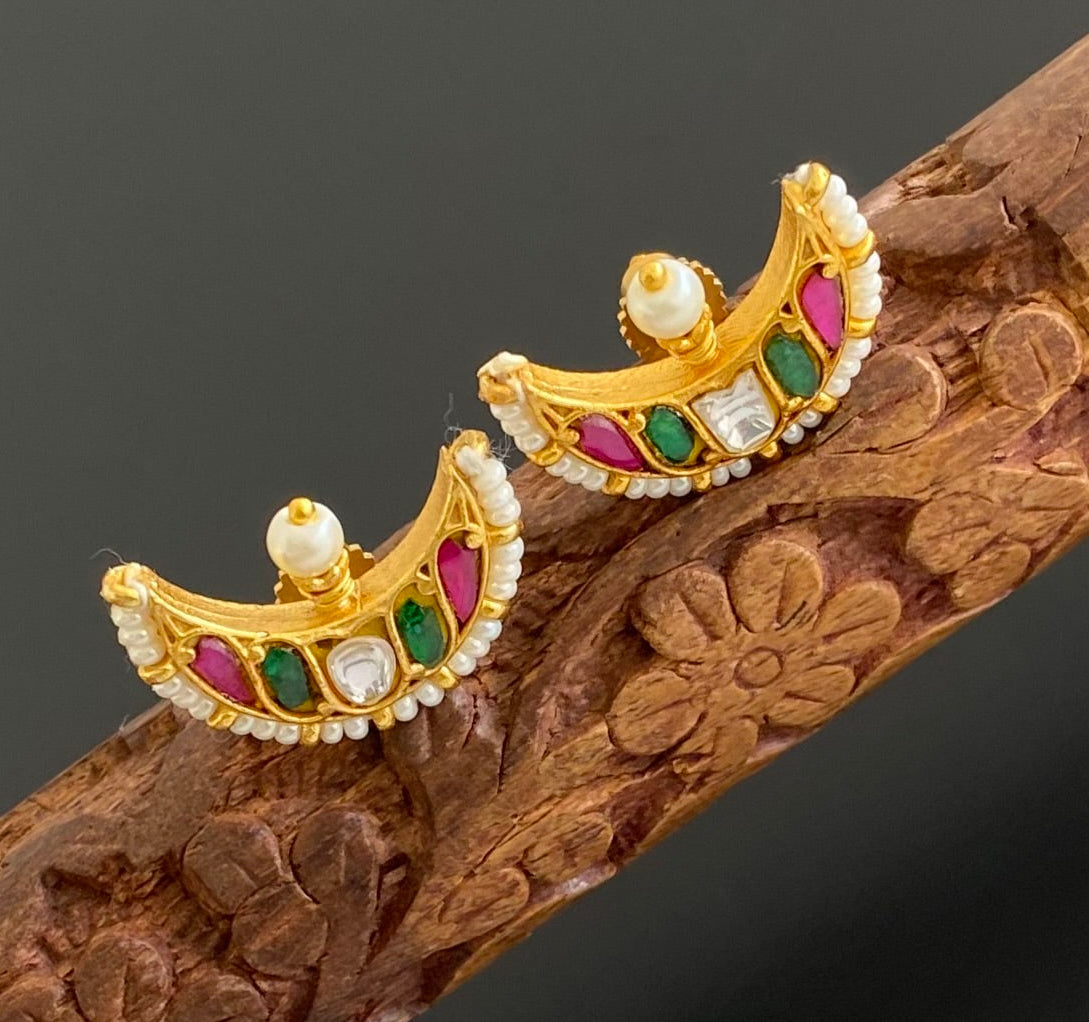 Gold tone pink-green-white pearl kundan jadau moon earrings dj-53555
