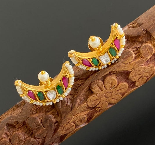 Gold tone pink-green-white pearl kundan jadau moon earrings dj-53555