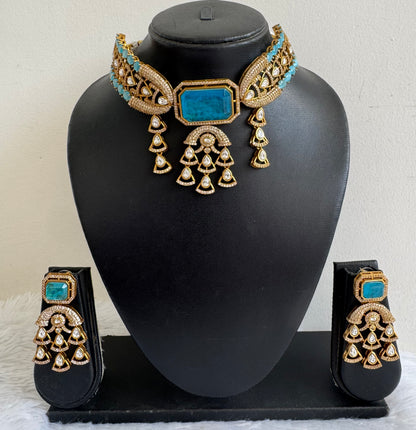 Antique gold tone cz kundan blue choker necklace set dj-51078