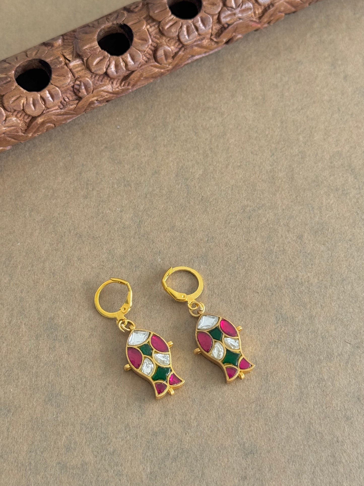Gold tone pink-green-white kundan jadau fish hook earrings dj-51531