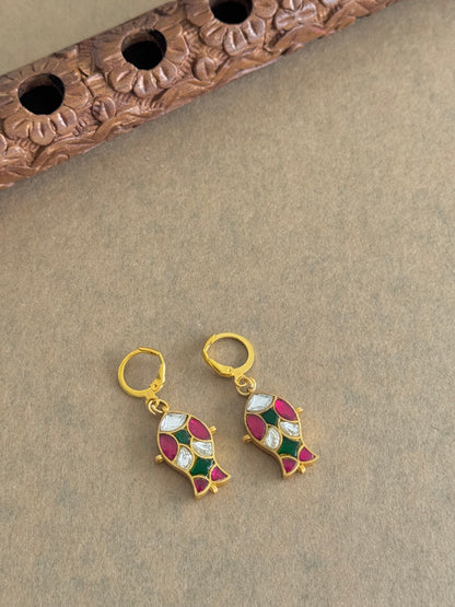 Gold tone pink-green-white kundan jadau fish hook earrings dj-51531