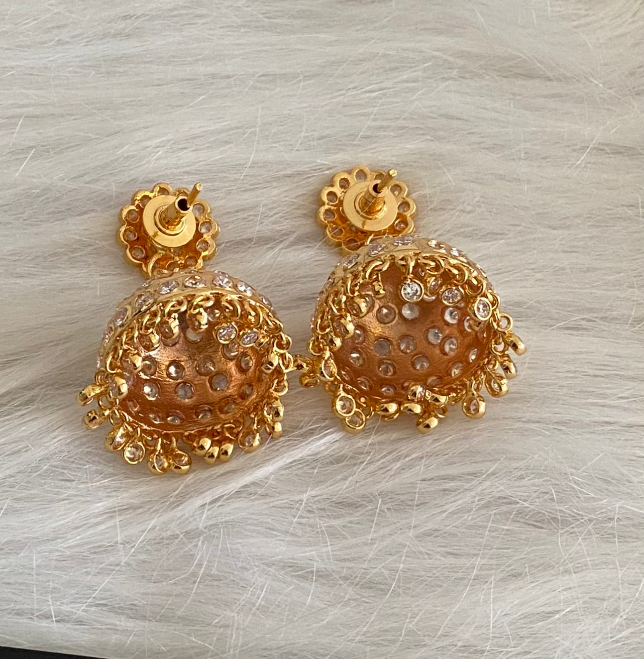 Gold tone south indian style AD white jhumkka dj-53865