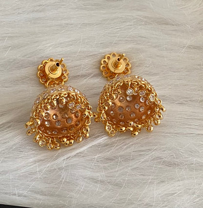 Gold tone south indian style AD white jhumkka dj-53865