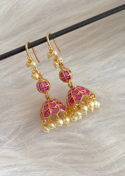 Antique gold tone kemp stone pearl hook jhumkka dj-54636