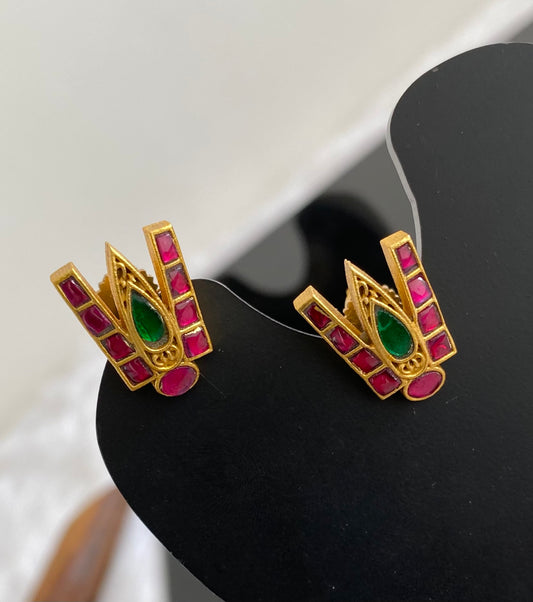 Gold tone pink-green kundan jadau shri thirumal nama earrings dj-53553