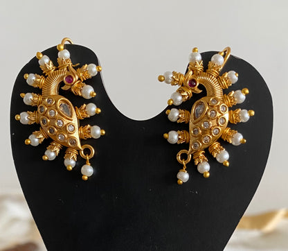 Matte gold white stone pearl peacock bugadi earrings dj-53674