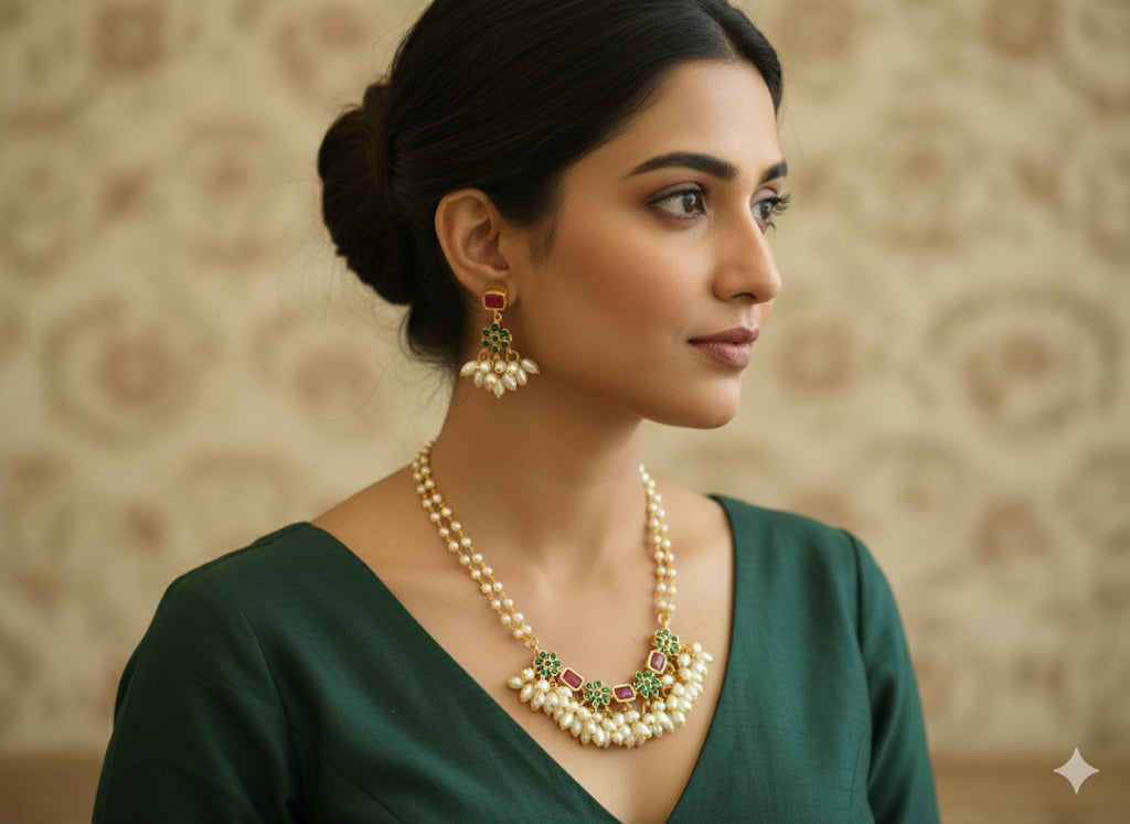Gold tone ruby-green rice pearl short haar set dj-39963
