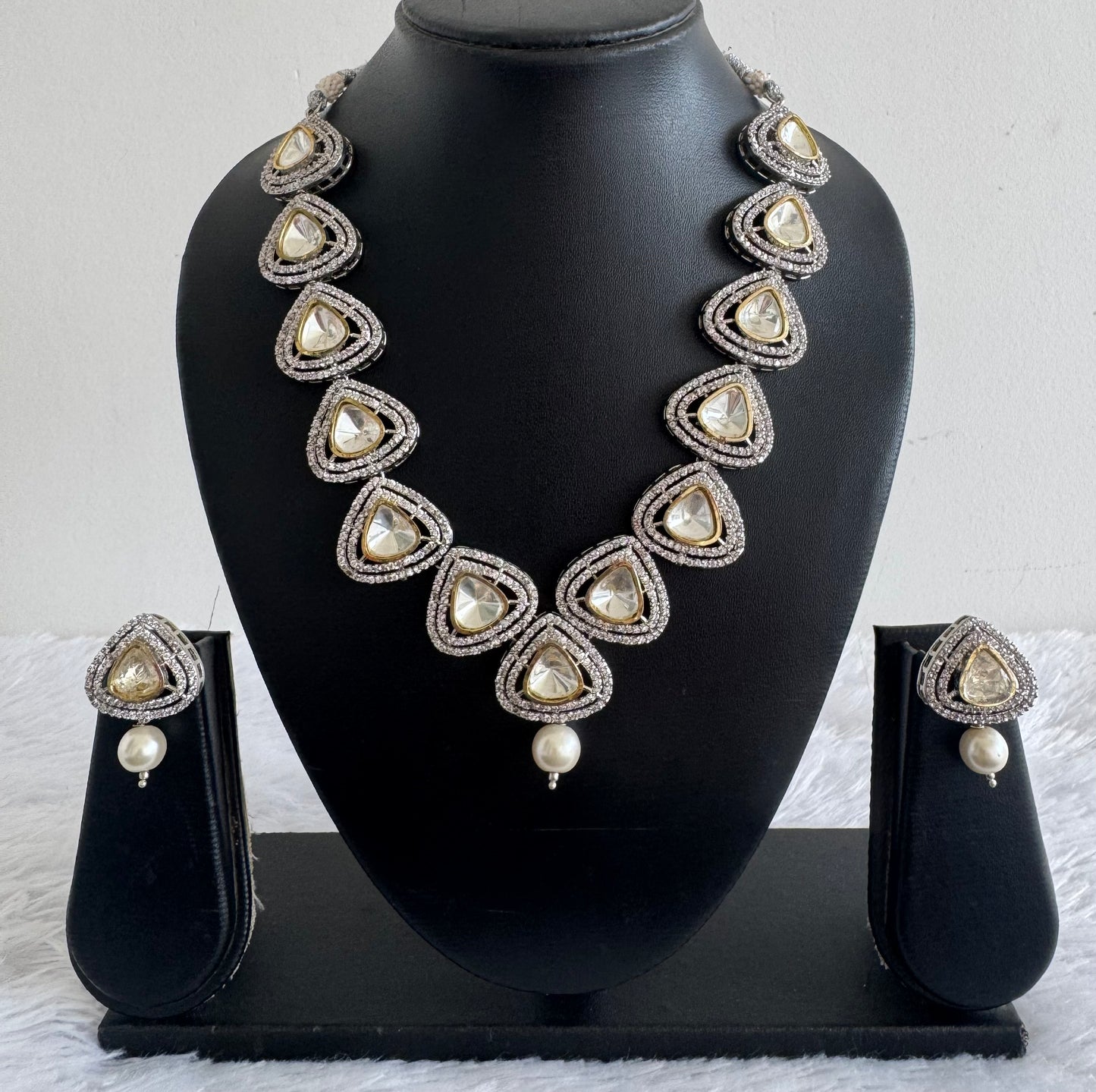 Two tone cz white kundan stone necklace set dj-52147