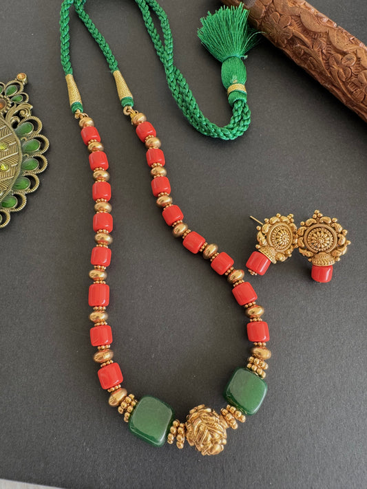 Matte finish coral-green beaded necklace set dj-52307