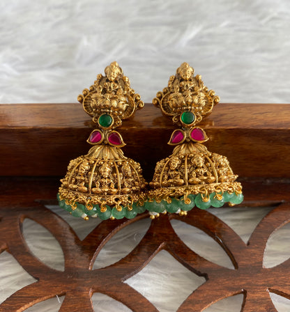 Antique gold tone pink-green beaded Lakshmi jhumkka dj-51048
