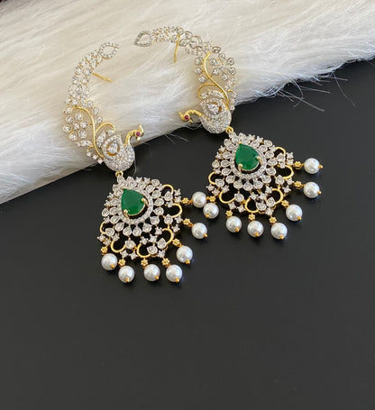 Two tone white-green stone pearl peacock khanpool earrings dj-54655