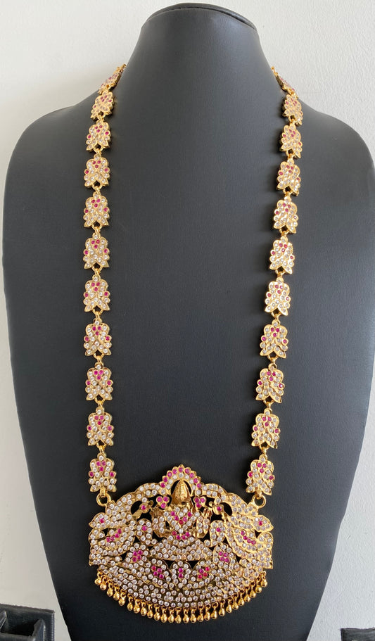 Gold tone south indian style grand AD pink-white peacock mango lakshmi haar dj-53258