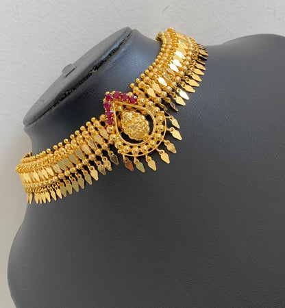Gold tone kerala style elakka maroon stone lakshmi choker necklace dj-54547
