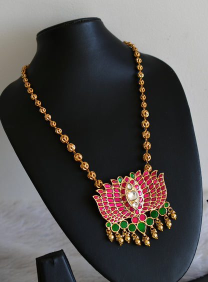 Gold tone pink-green kundan jadau lotus pendant necklace dj-52602
