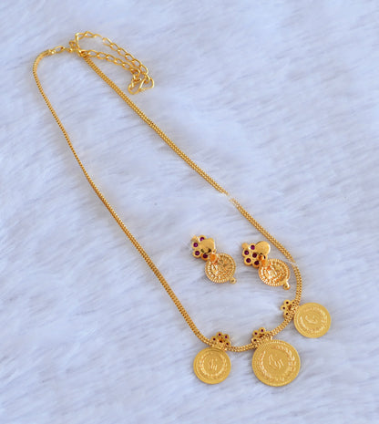 Gold tone pink stone lakshmi coin necklace set dj-53082