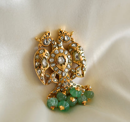 Gold tone pink-green-white kundan jadau reversible Gandaberunda pendant dj-52638
