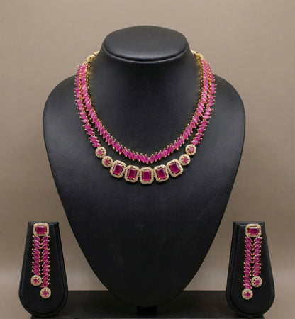 Gold tone cz ruby double layer necklace set DJ24539