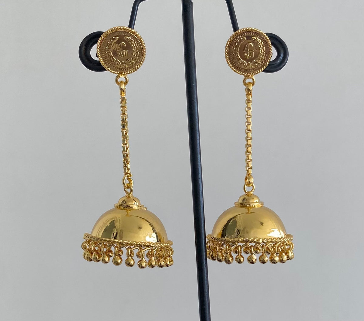 Gold tone kerala style coin long jhumkka dj-54302