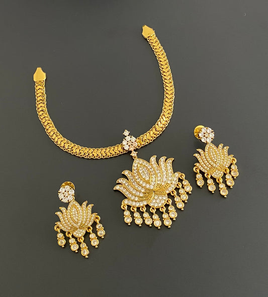 Dark antique finish white stone lotus necklace set dj-53602