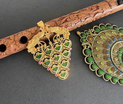Gold tone Palakka green-pink stone Peacock Kerala style pendant dj-52110