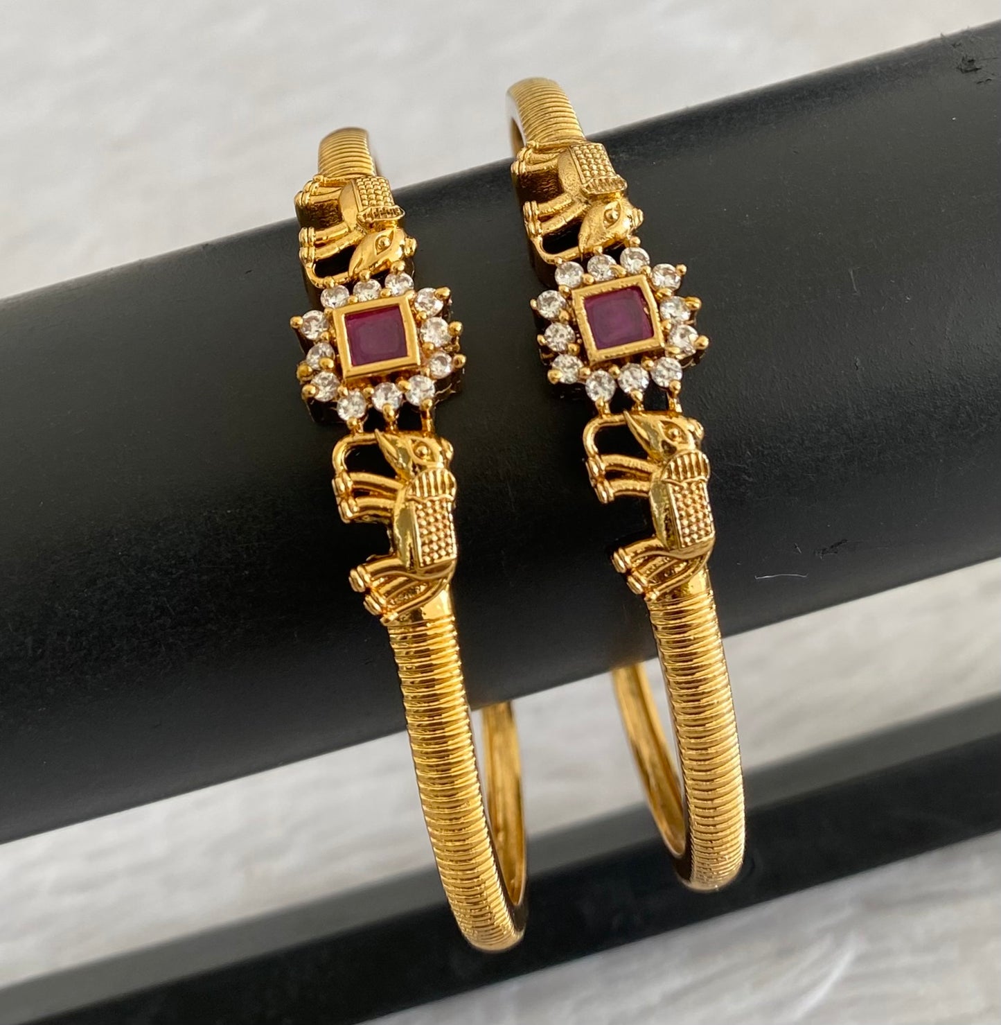 Antique gold tone pink-white stone elephant kada type bangles(2.4) dj-53595