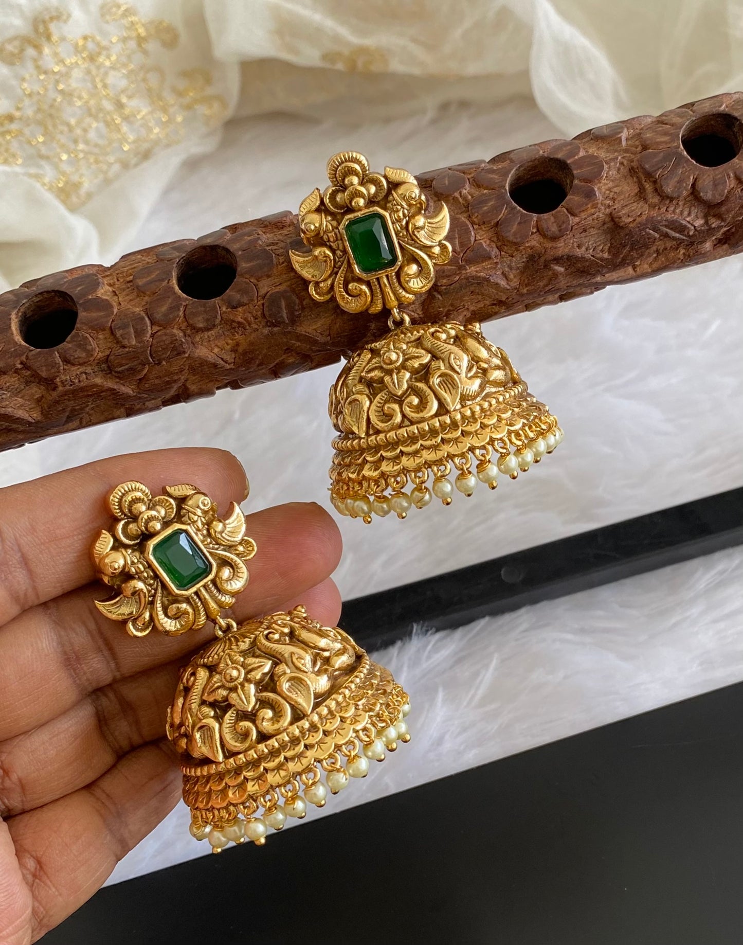 Antique gold tone green nakshi huge elephant pearl jhumkka dj-54039