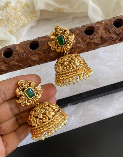 Antique gold tone green nakshi huge elephant pearl jhumkka dj-54039