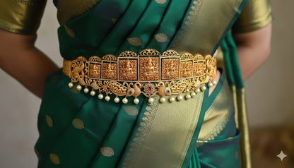 Gold look alike ruby-emerald square peacock-lakshmi 2 in 1 waist band dj-34228