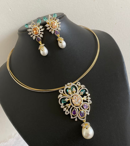Two tone cz sea green-purple stone pendant set with kanti necklace dj-53998