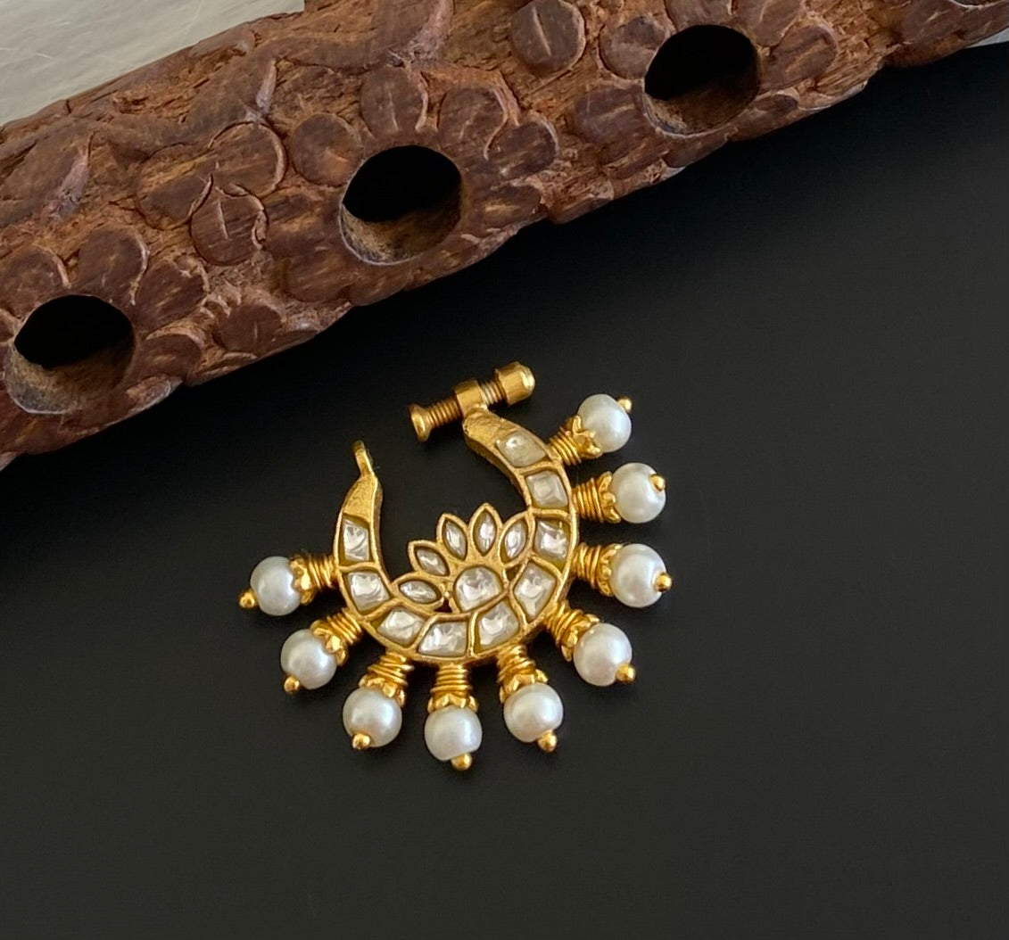 Gold tone kundan jadau white stone pearl nose pin dj-53719