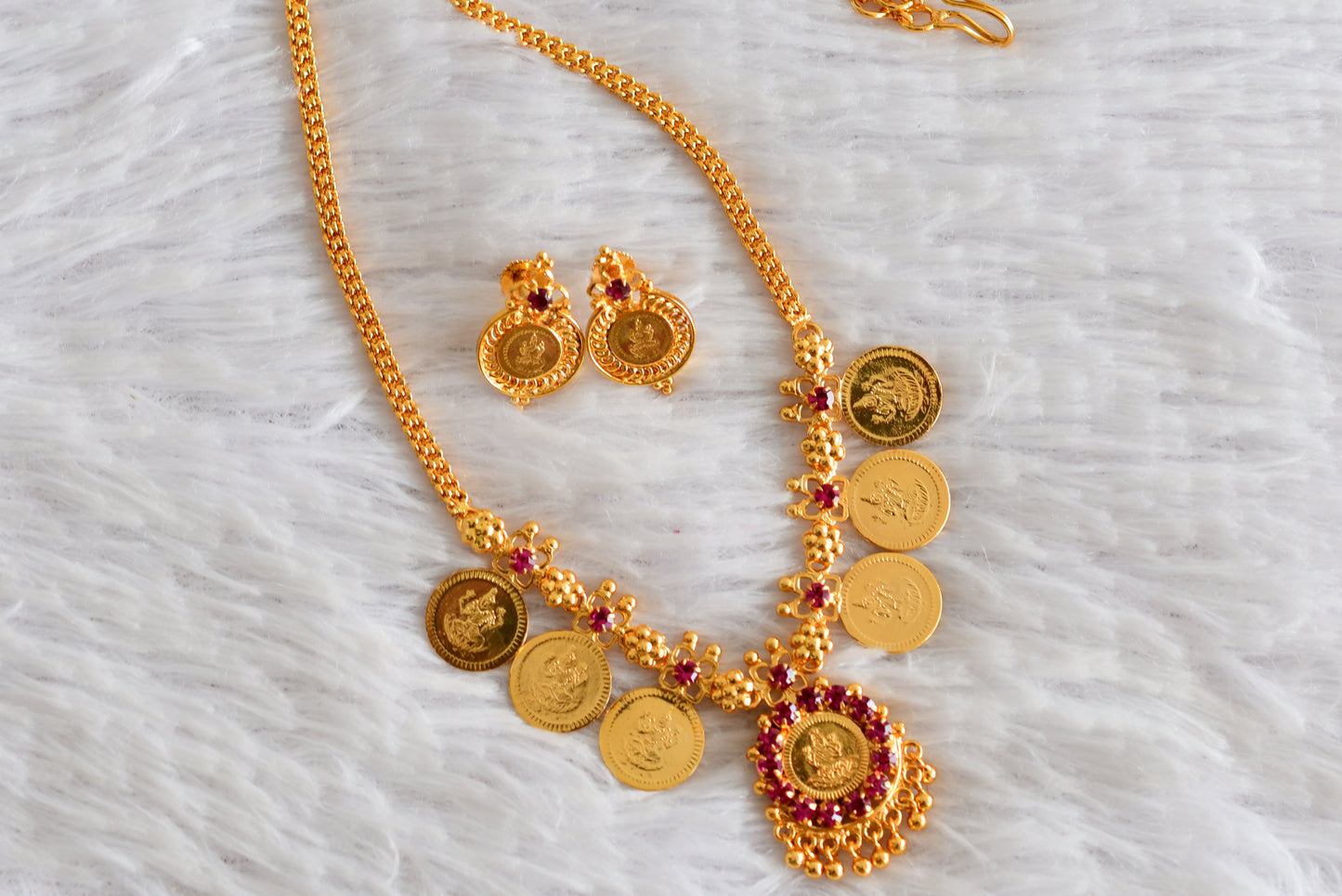 Gold tone pink stone lakshmi coin necklace set dj-51908