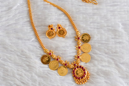 Gold tone pink stone lakshmi coin necklace set dj-51908