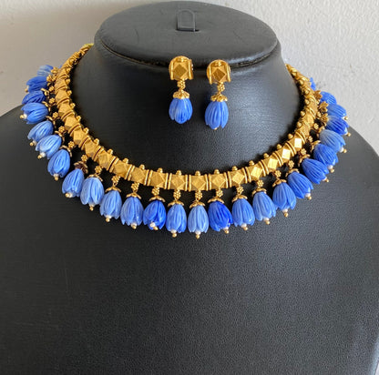 Antique gold tone blue tulip beaded necklace set dj-54369