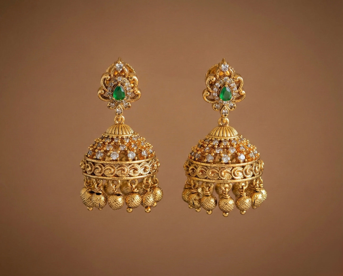 Antique gold tone cz green jhumkka dj-52547